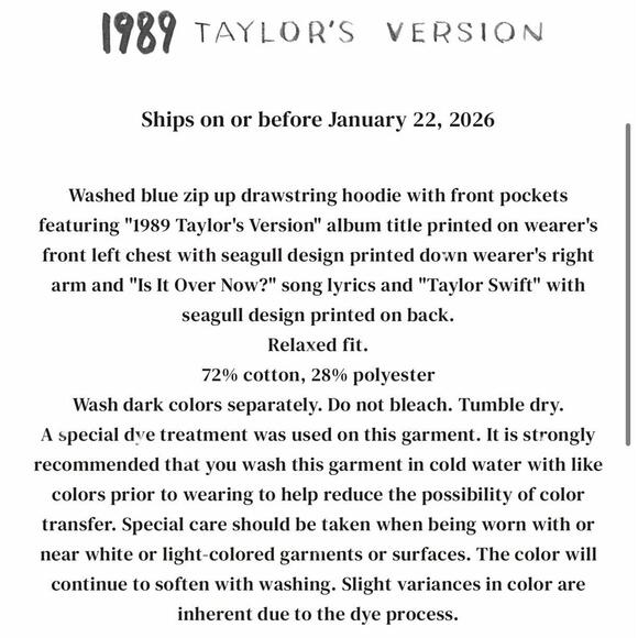 Taylor Swift 1989 Taylor’s Version Zip-Up Hoodie XS - Picture 8 of 12